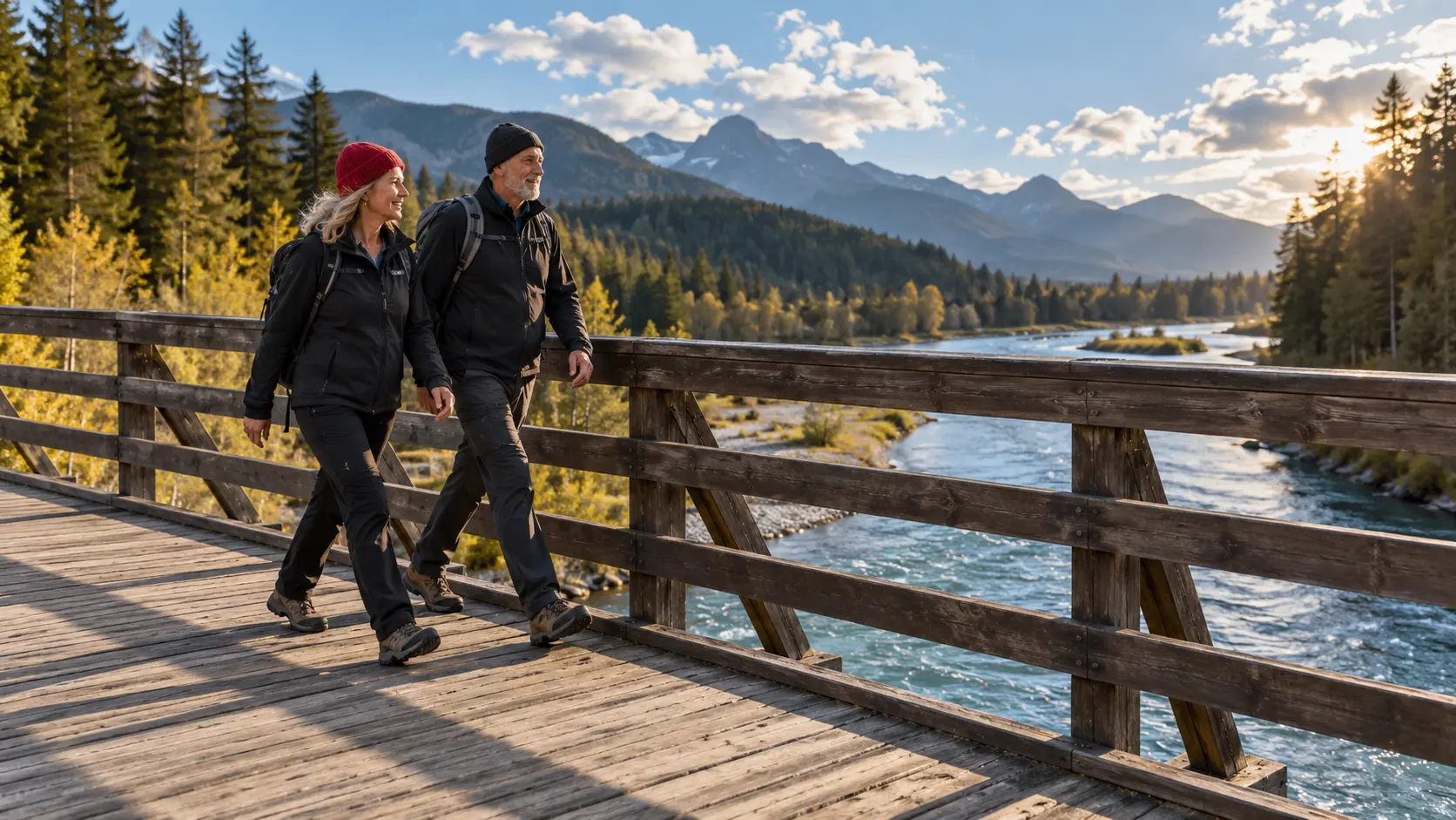 Zwei Erwachsene gehen über eine Holzbrücke in österreichischer Naturlandschaft